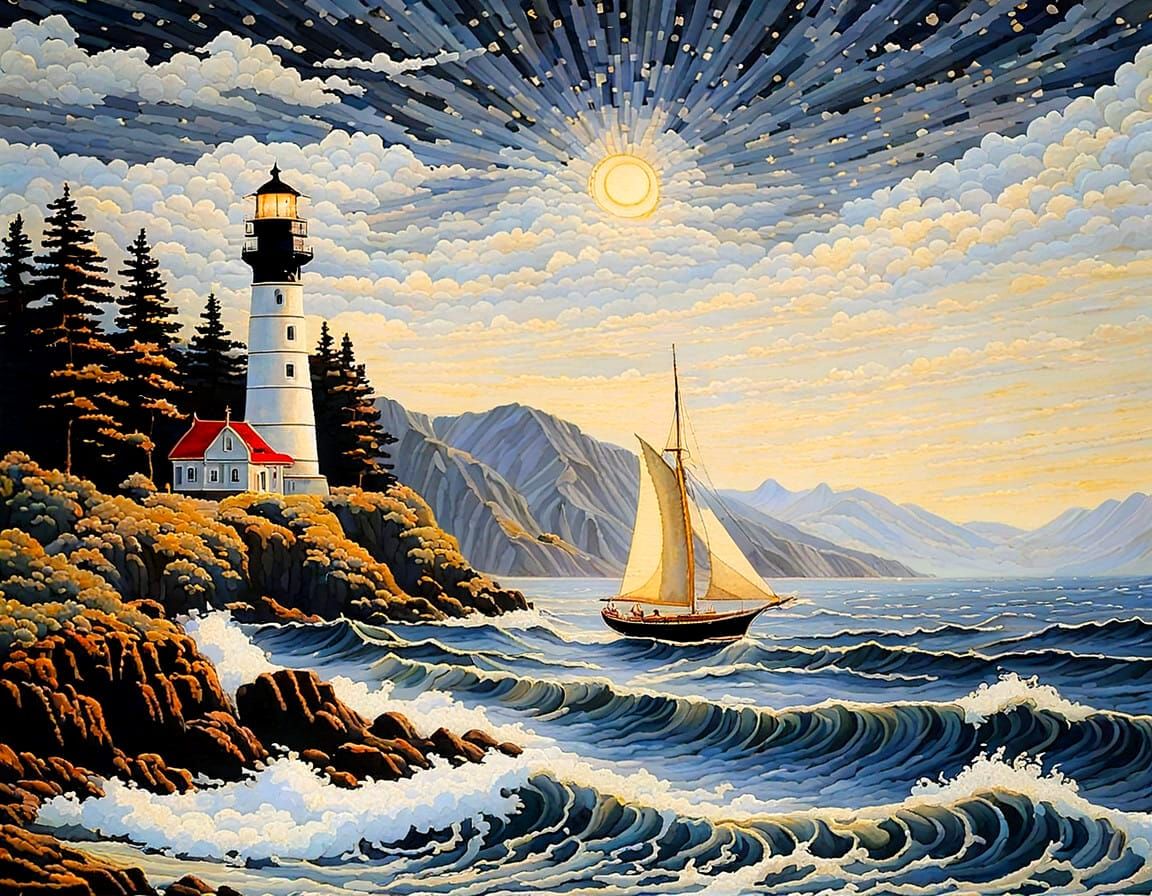 Vibrant Anime Needlepoint Lighthouse with Sailboat in Gilded...