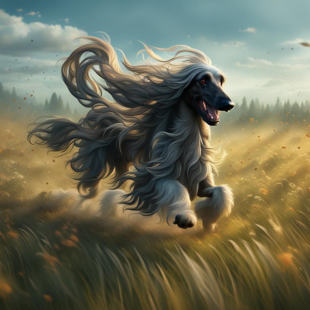 Afghan Hound Running in Meadow: Fantasy Art