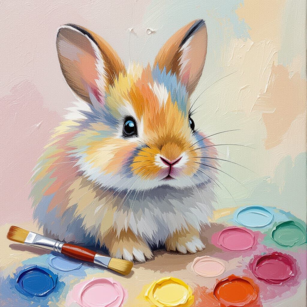 Pastel Bunny in Flower Garden: Whimsical Painting