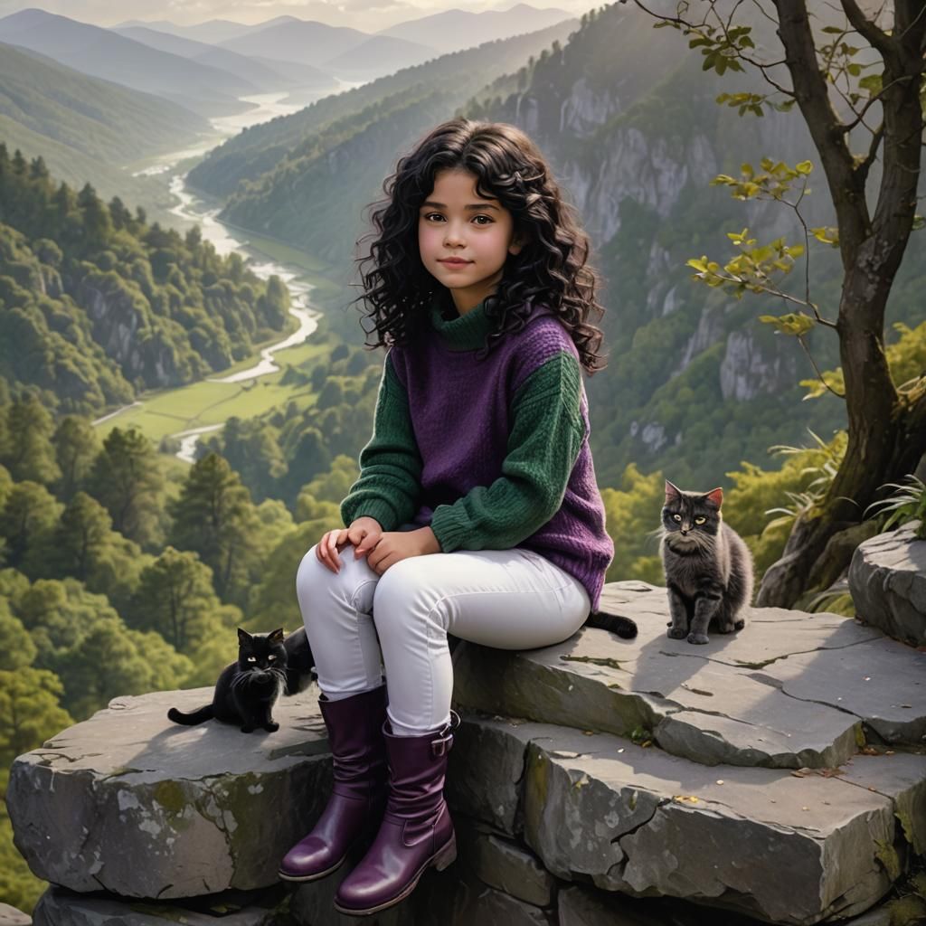Whimsical Girl and Cat on Ledge, Matte Painting