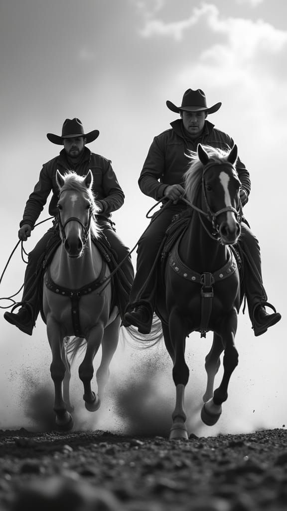 Cowboys Charging Through Dust Storm in Black and White