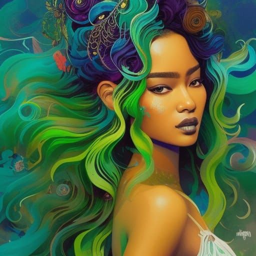 Amanayé Girl with Green Hair in Gouache Style