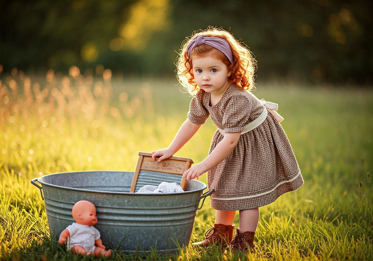Vintage Girl Washing Clothes in Sunlit Meadow
