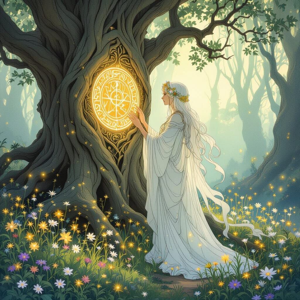 Ethereal Forest Spirit Tending Glowing Runes in Art Nouveau ...