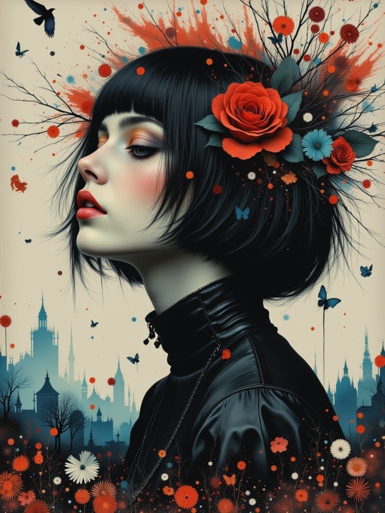 Gothic Griefcore Woman in Alcohol Ink Style