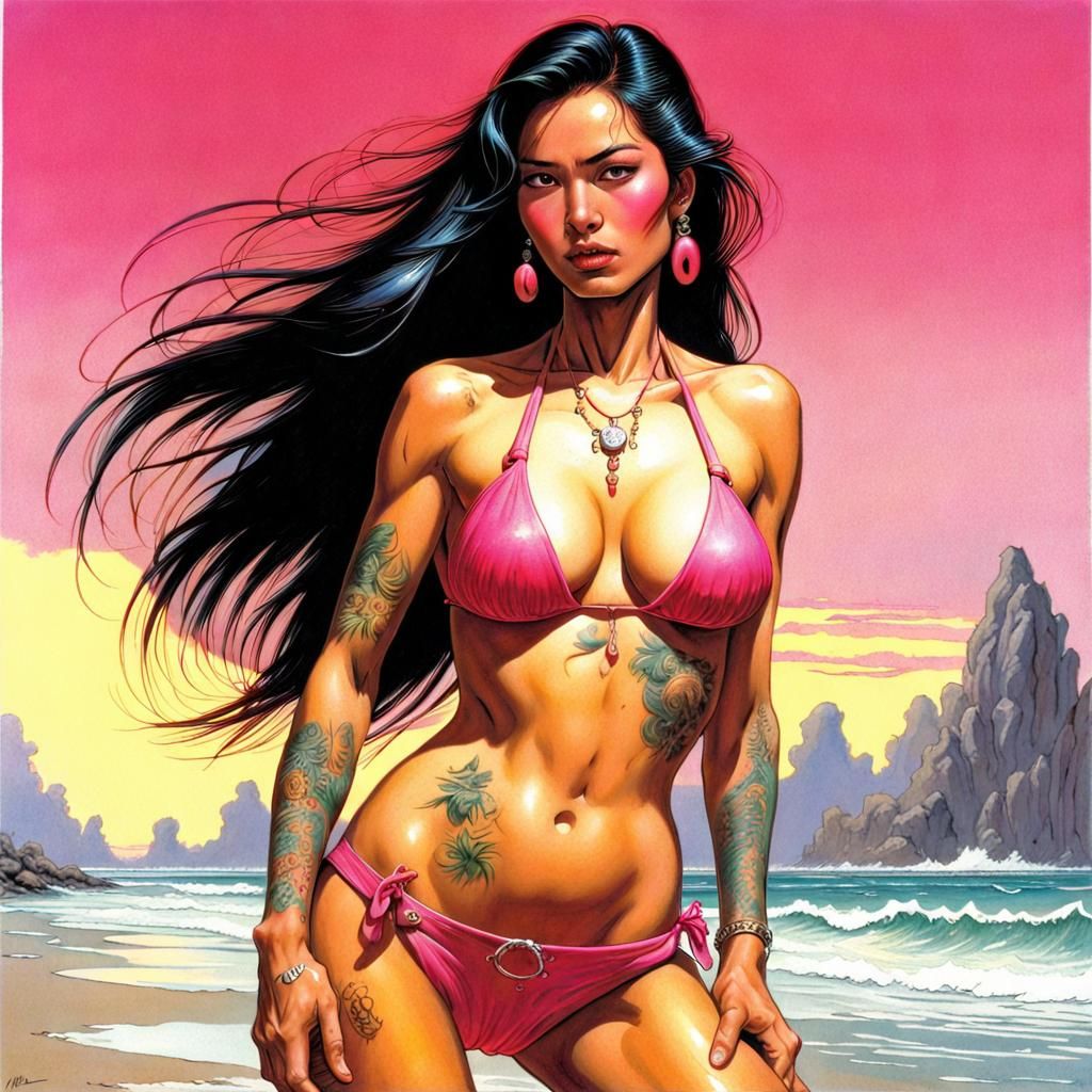 Filipina Model in Pink Bikini: 90s Comic Style