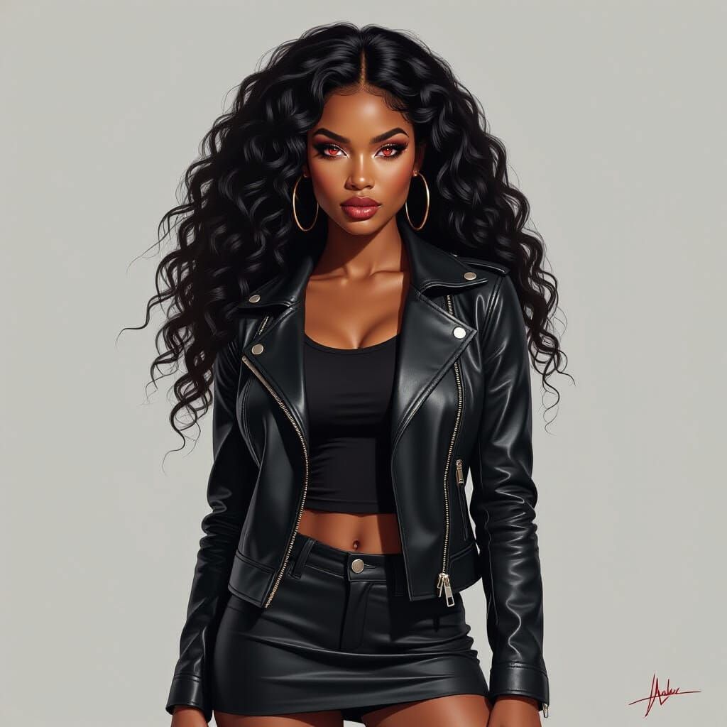 African American Woman with Red Eyes in Leather Jacket