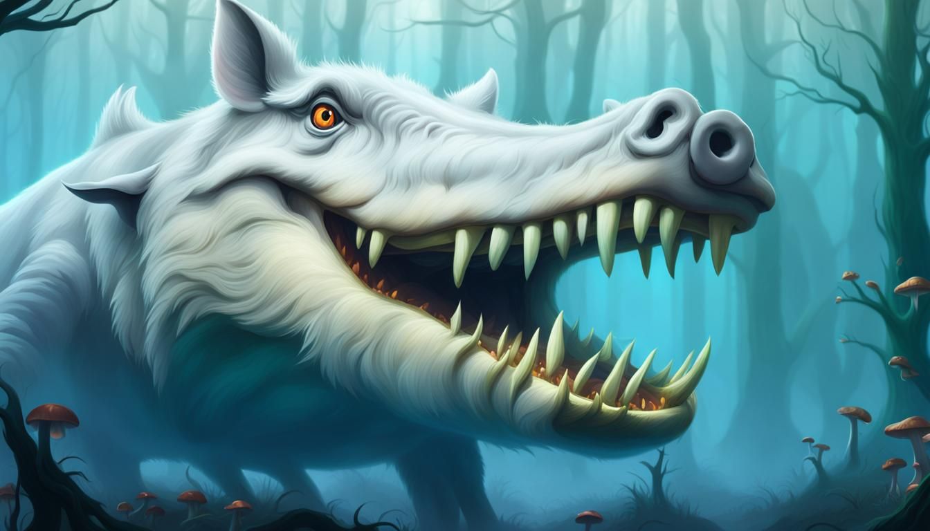 Pig-Lion Hybrid in Misty Forest: Fantasy Concept Art