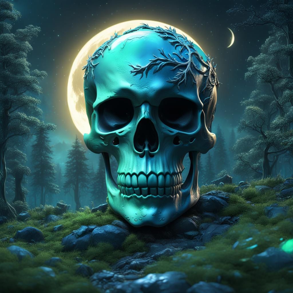Skull Candy with Forest and Moon: Digital Art