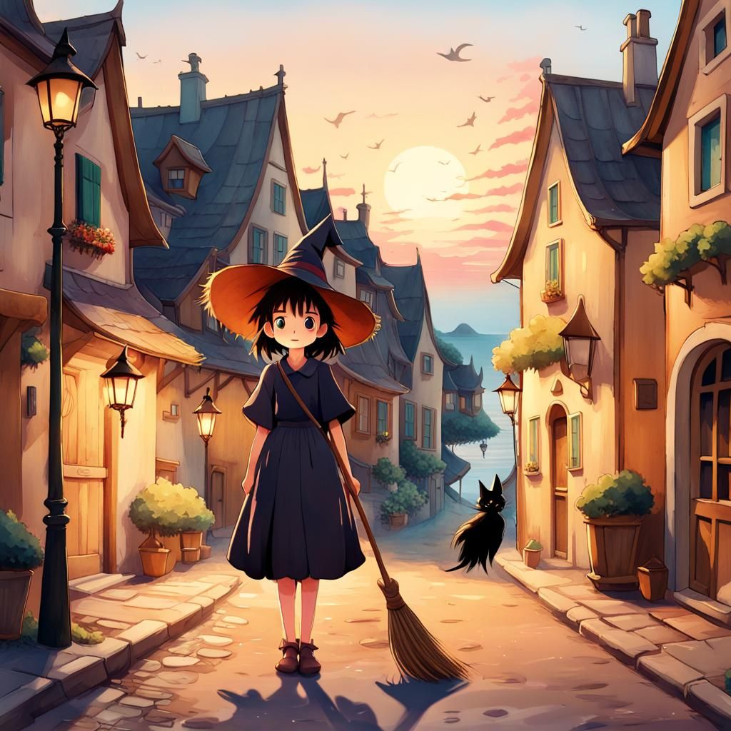 Kiki, the little witch of "Kiki's Delivery Service," holding her one (4.0) witch's broom standing in the street of her q...