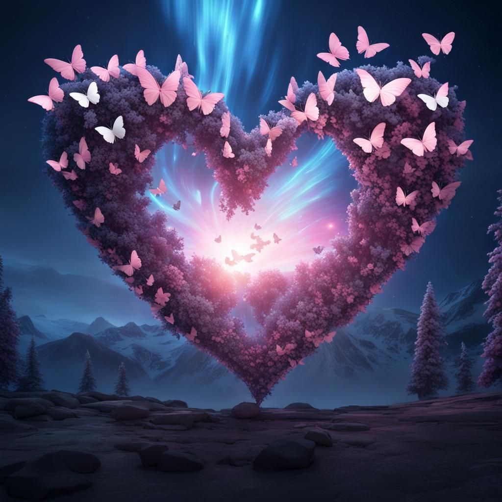 Aurora Heart with Butterflies in Hyperrealistic Style