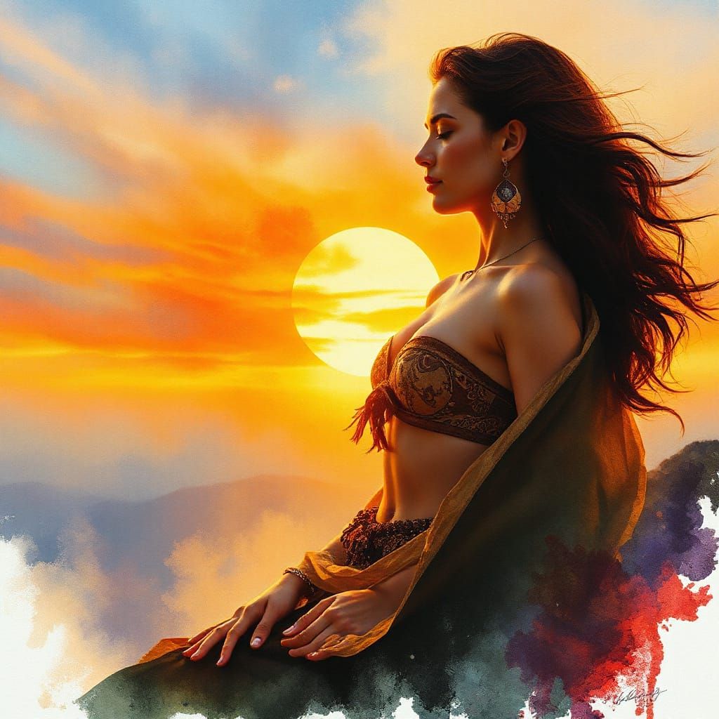 Woman Meditating at Sunset in Fluid Watercolor Style