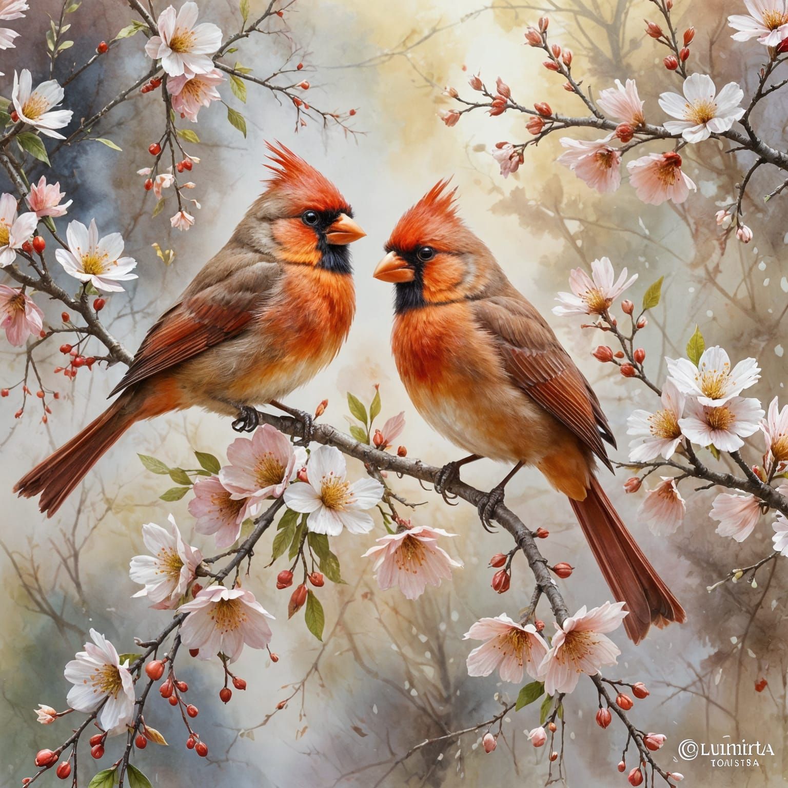 Cardinals in Springtime: Impressionistic Watercolor Painting