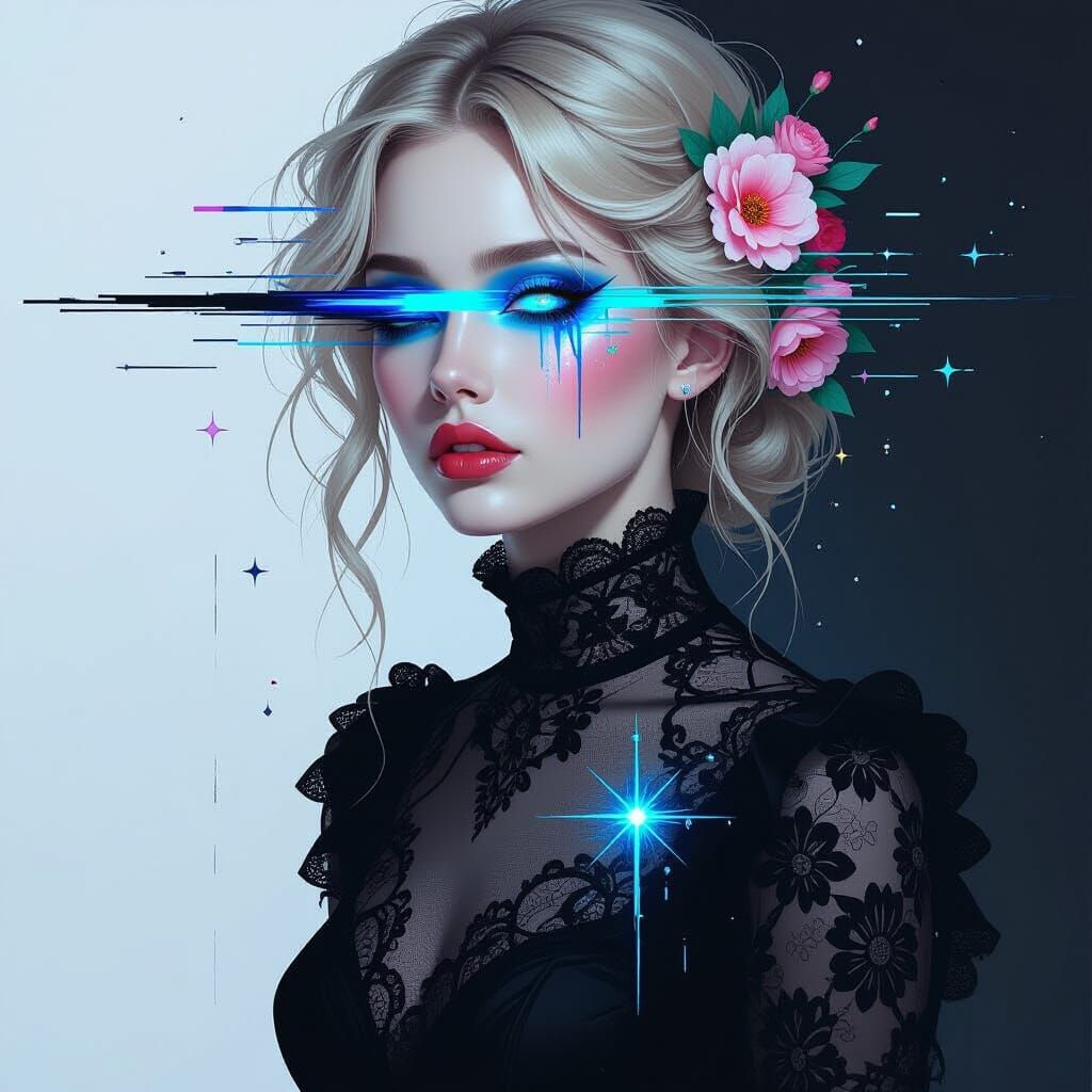 Glitch Art: Woman Fading into Digital Lines