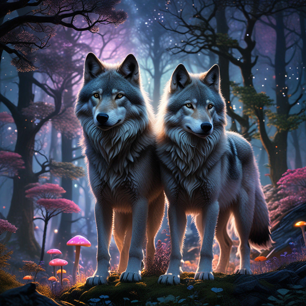 Cosmic Wolves in Vibrant Mossy Landscape