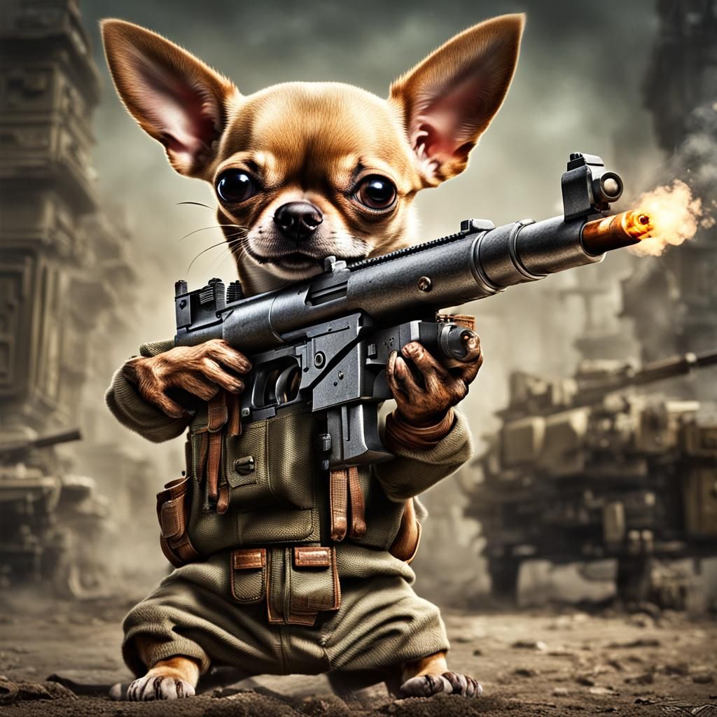 Chihuahua with Machine Gun in Hyperrealistic Photo