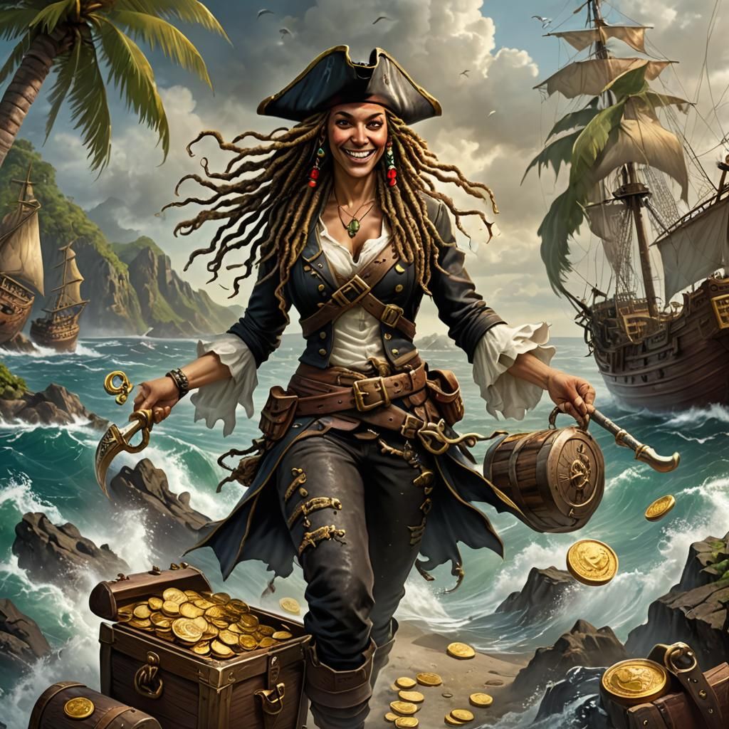 Realistic Pirate Woman in Tempest with Kraken