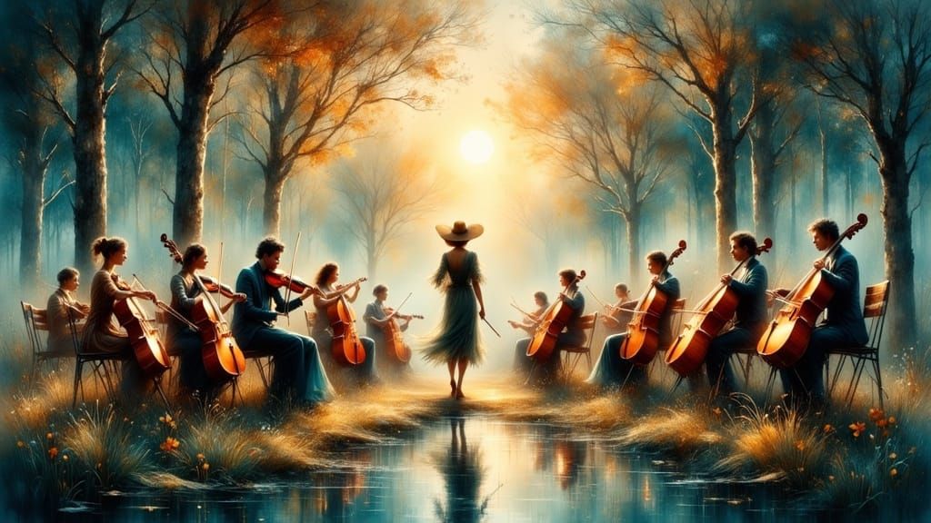 Orchestra in Forest, Watercolor Illustration