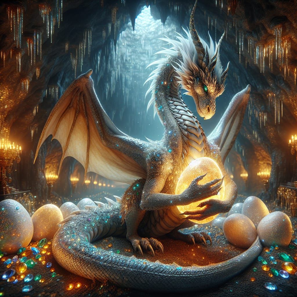 Sparkle Dragon Mother Protecting Eggs in Treasure Cave