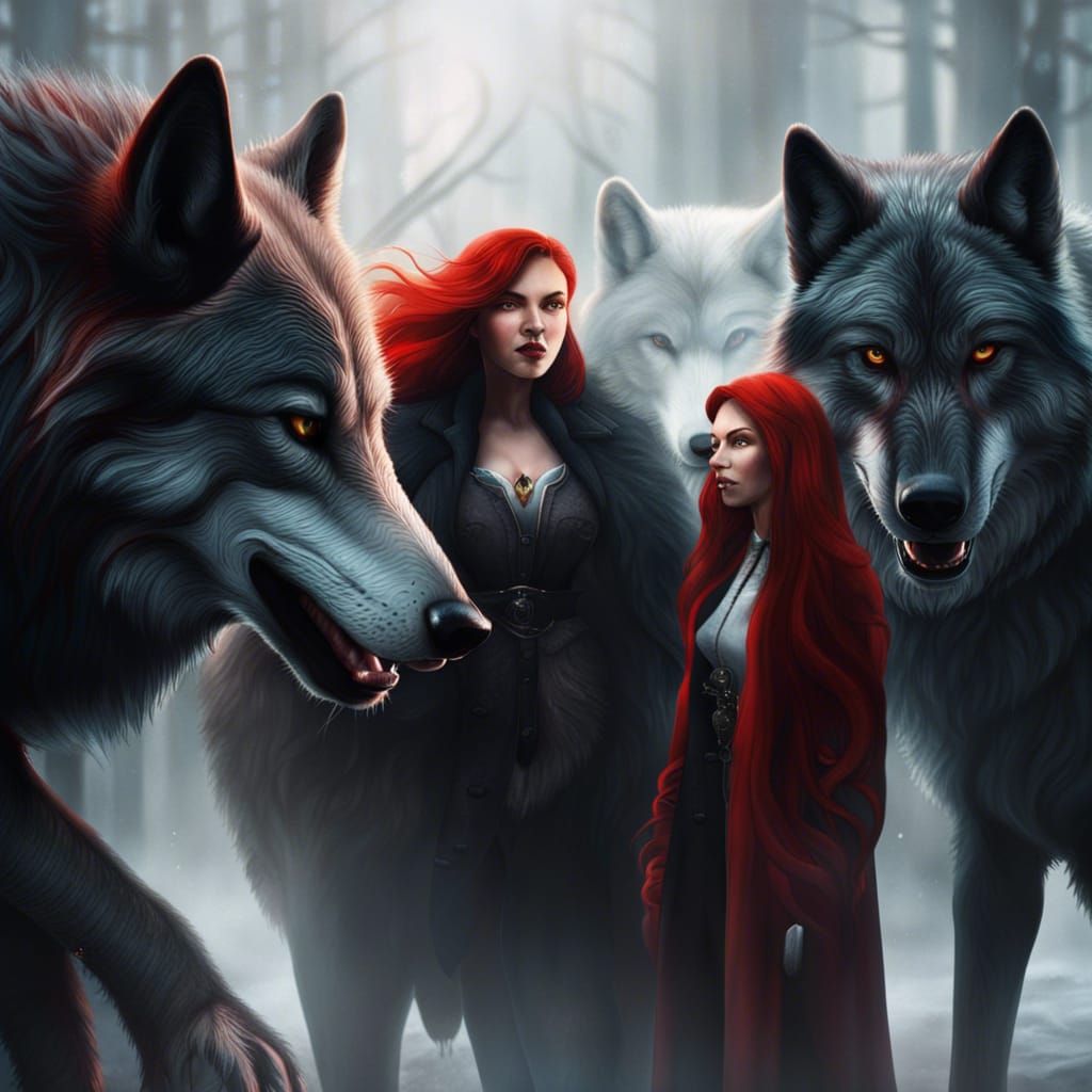 Woman Between Black and White Wolves, Matte Painting