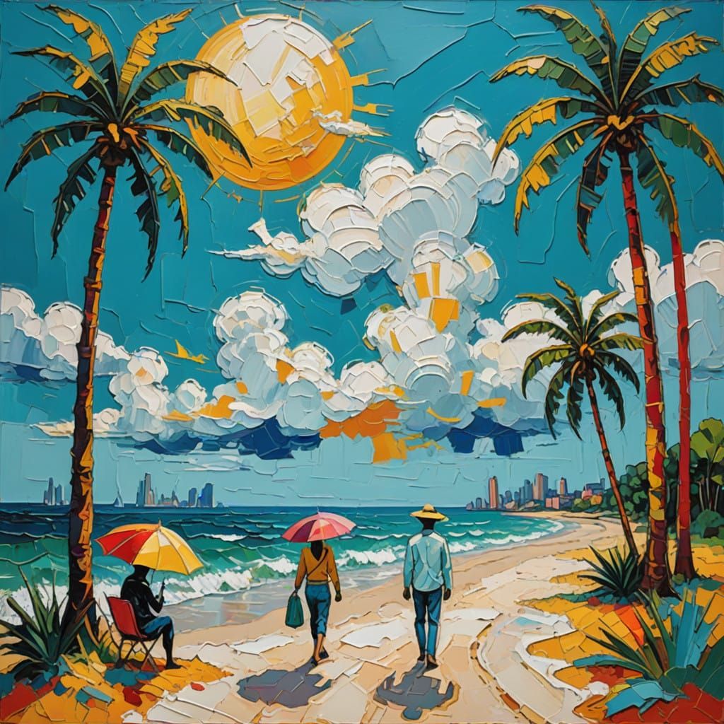 Vibrant Neo-Impressionist Beach Scene with Tropical Palm Tre...