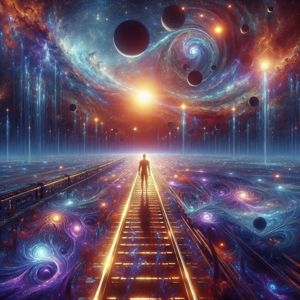 Celestial Train Station: Figure Awaiting Heavenly Transport