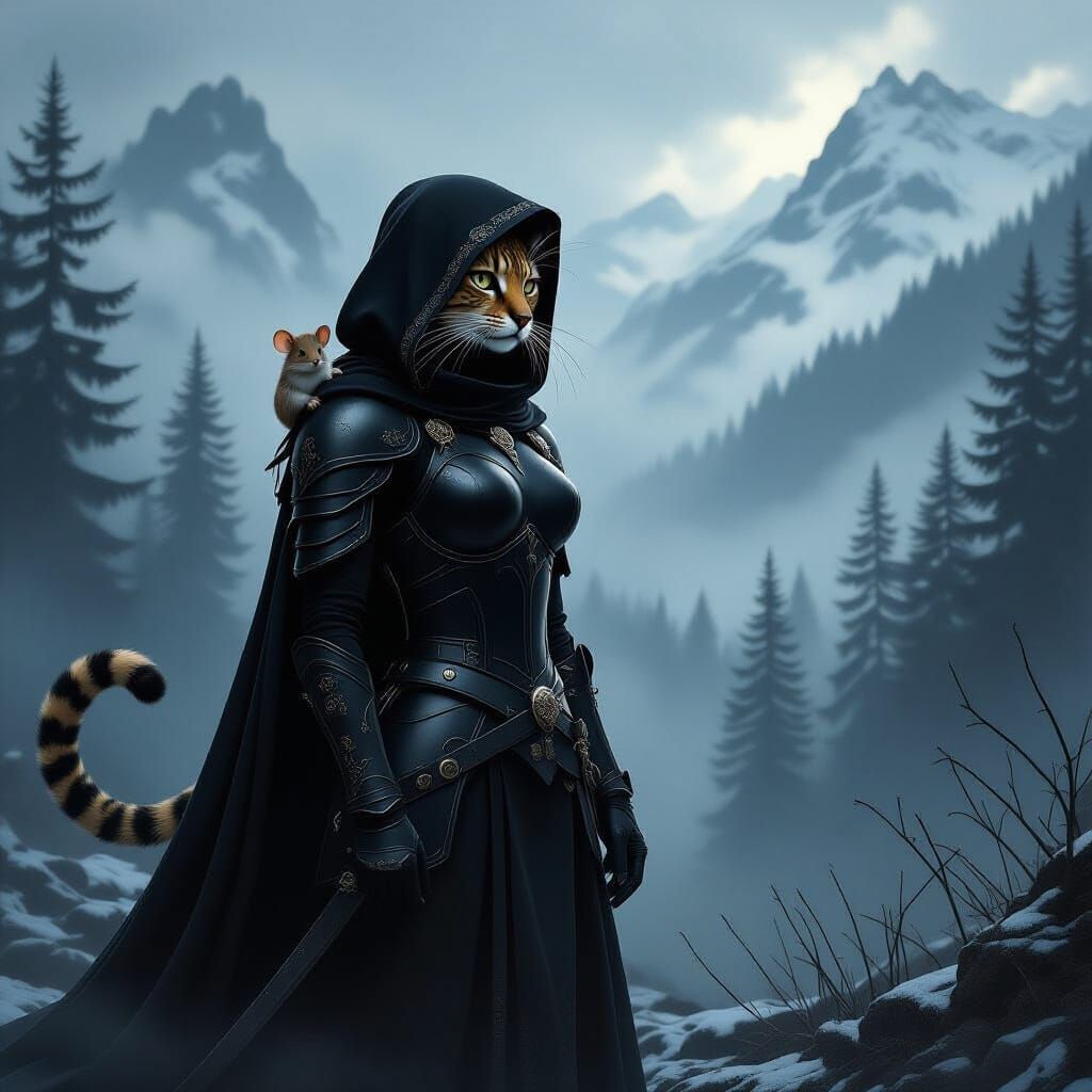 Gothic Horror Tabaxi Rogue in Misty Forest