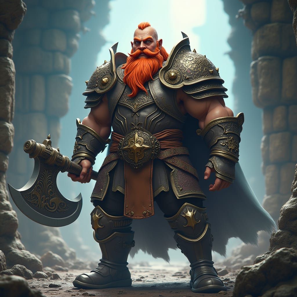 Mighty Bronzebeard Dwarf Warrior Stands Tall in Ancient Ruin