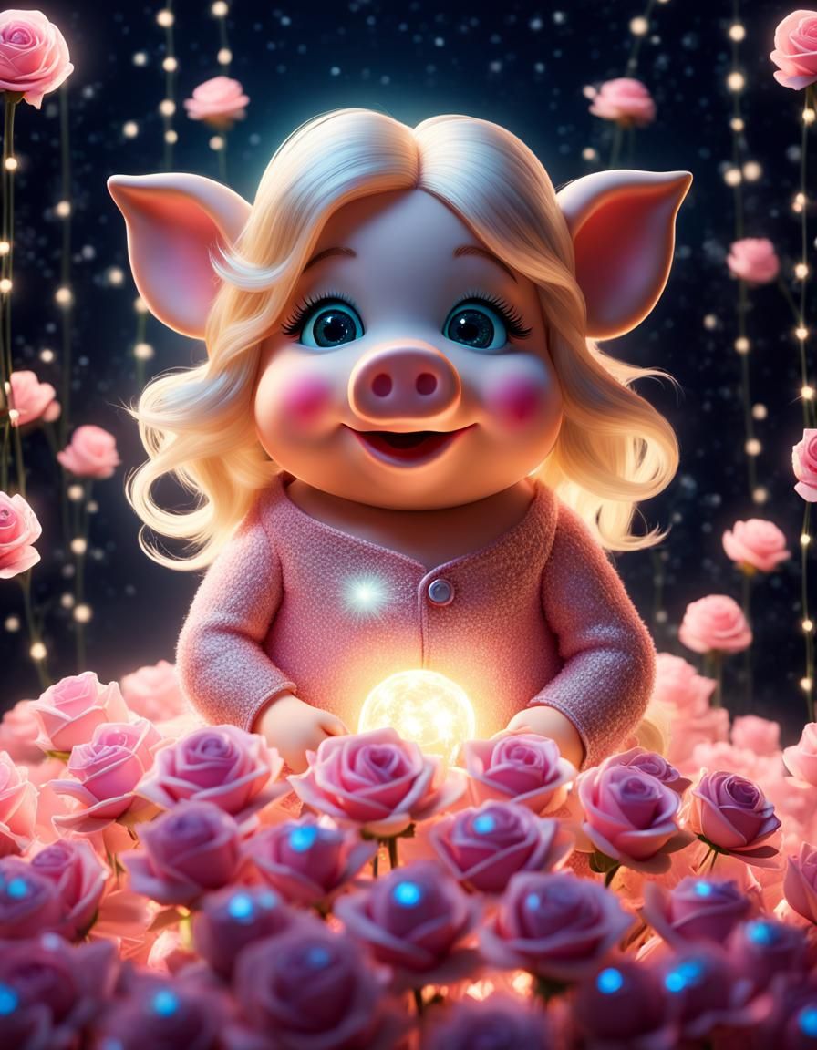Baby Miss Piggy Constellation in Ethereal Roses, 3D Render