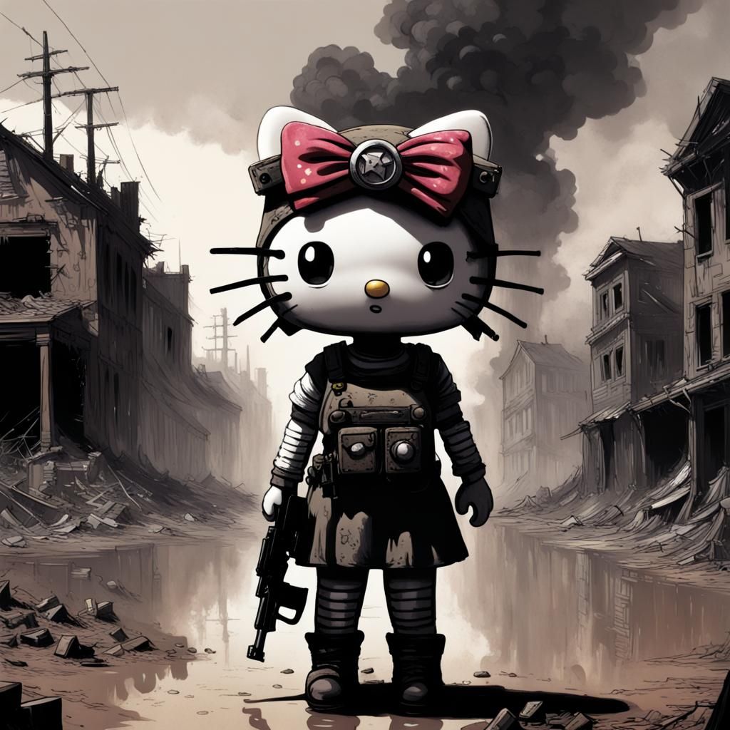 Hello Kitty in Apocalyptic Landscape, Horror Art