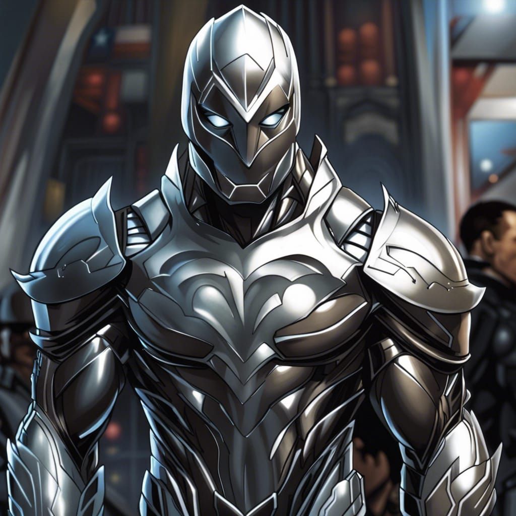 Sleek Silver Armored Superhero Comic Book Art
