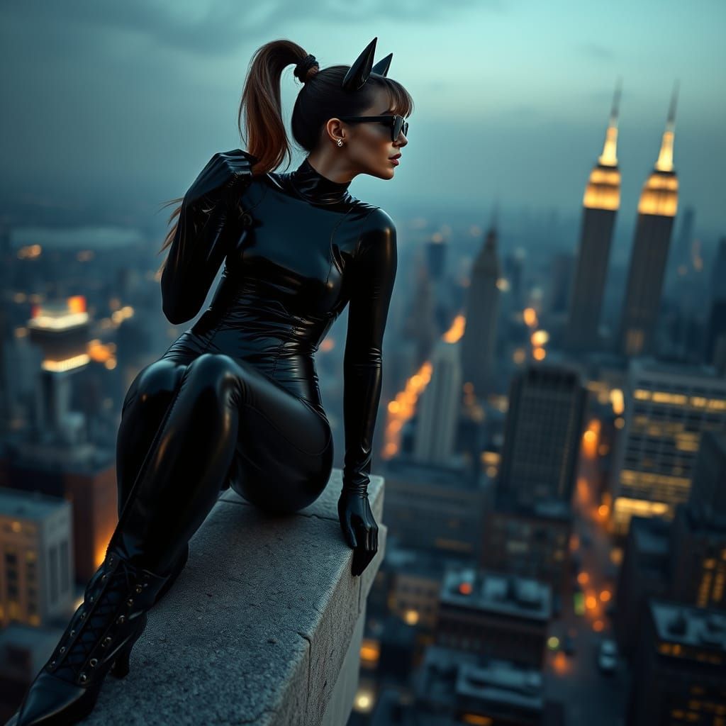 Elegant Woman in Latex Catsuit at Twilight Metropolis