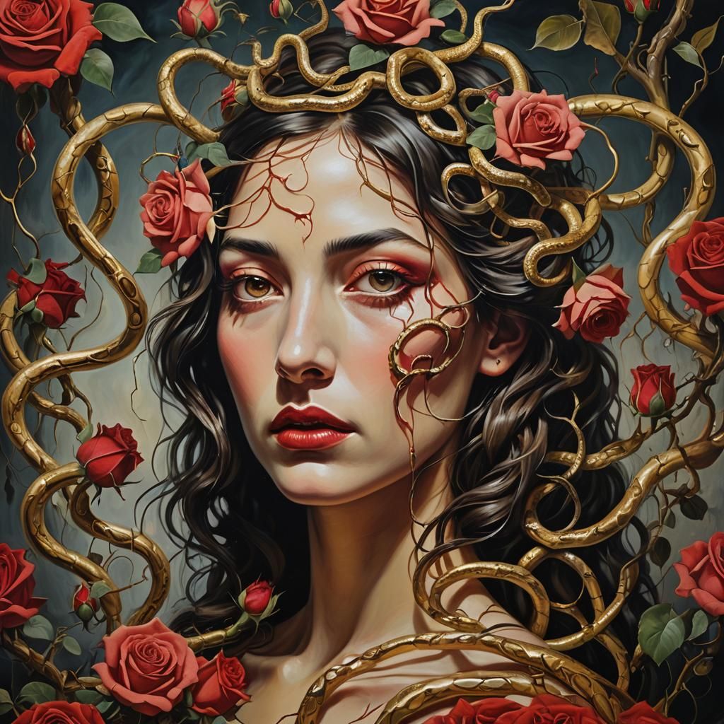 Surreal Girl with Roses and Snakes Oil Painting