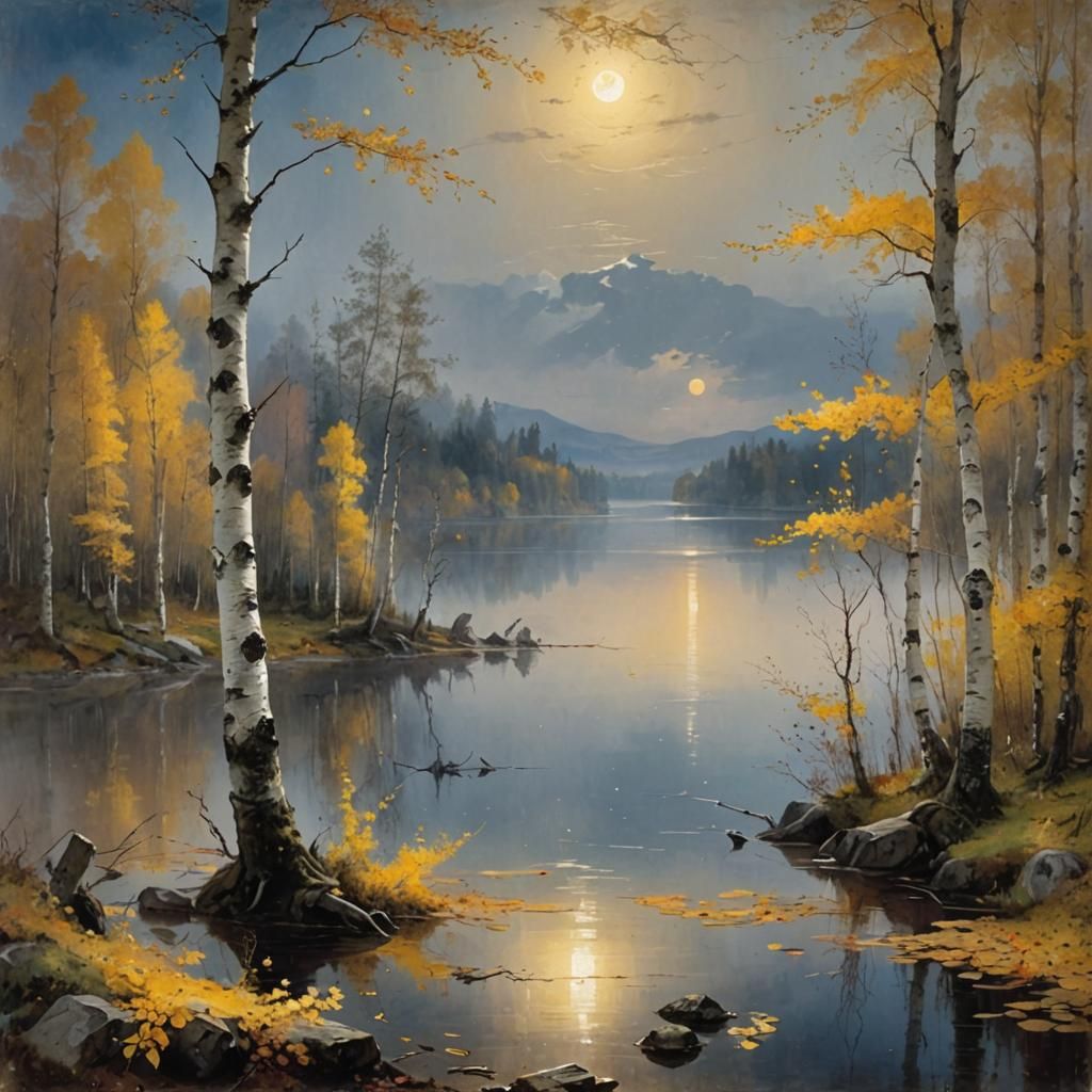 Luminist Lake in Birch Forest with Moon