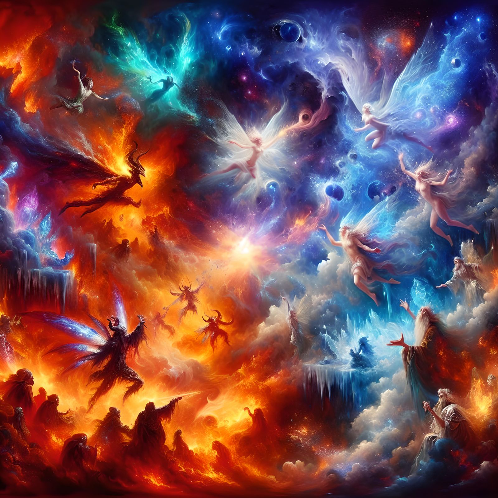 Epic incredible cosmic battle between the creatures, element...