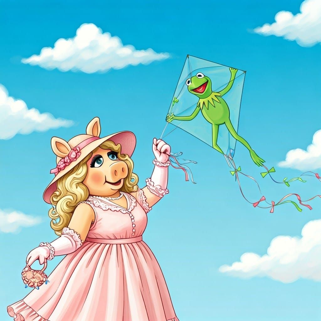 Miss Piggy Soars with Whimsical Kermit Kite in Pastel Paradi...