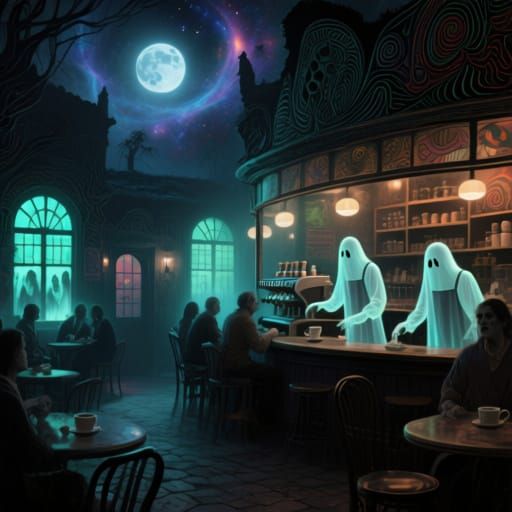 Haunted Coffeehouse Under Ethereal Moonlight