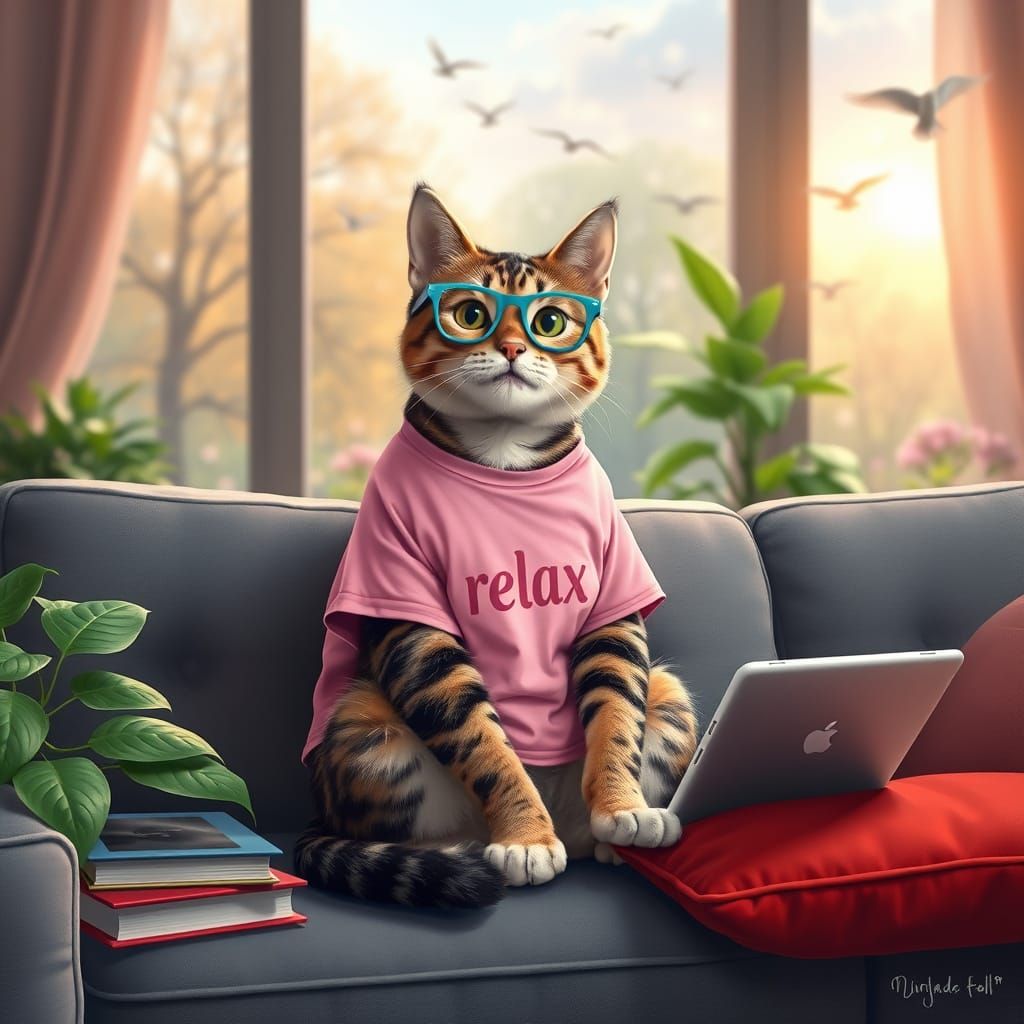 Cozy Tabby Cat Relaxing in Sunlit Living Room