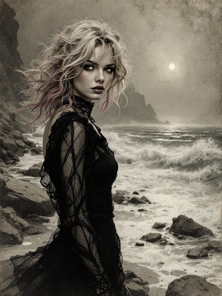 Pin-Up Woman on Stormy Shore in Scrimshaw Style