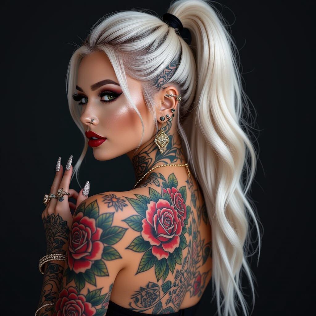 "A photorealistic portrait of a platinum blonde woman with a high ponytail, her body turned to the side to showcase the ...
