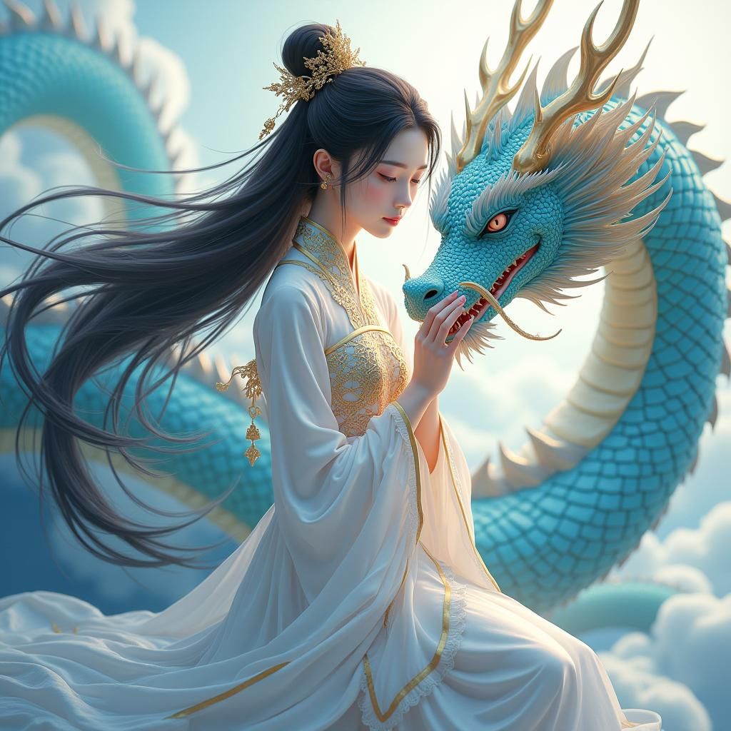 Dragon and Beauty in Hanfu, Anime Style
