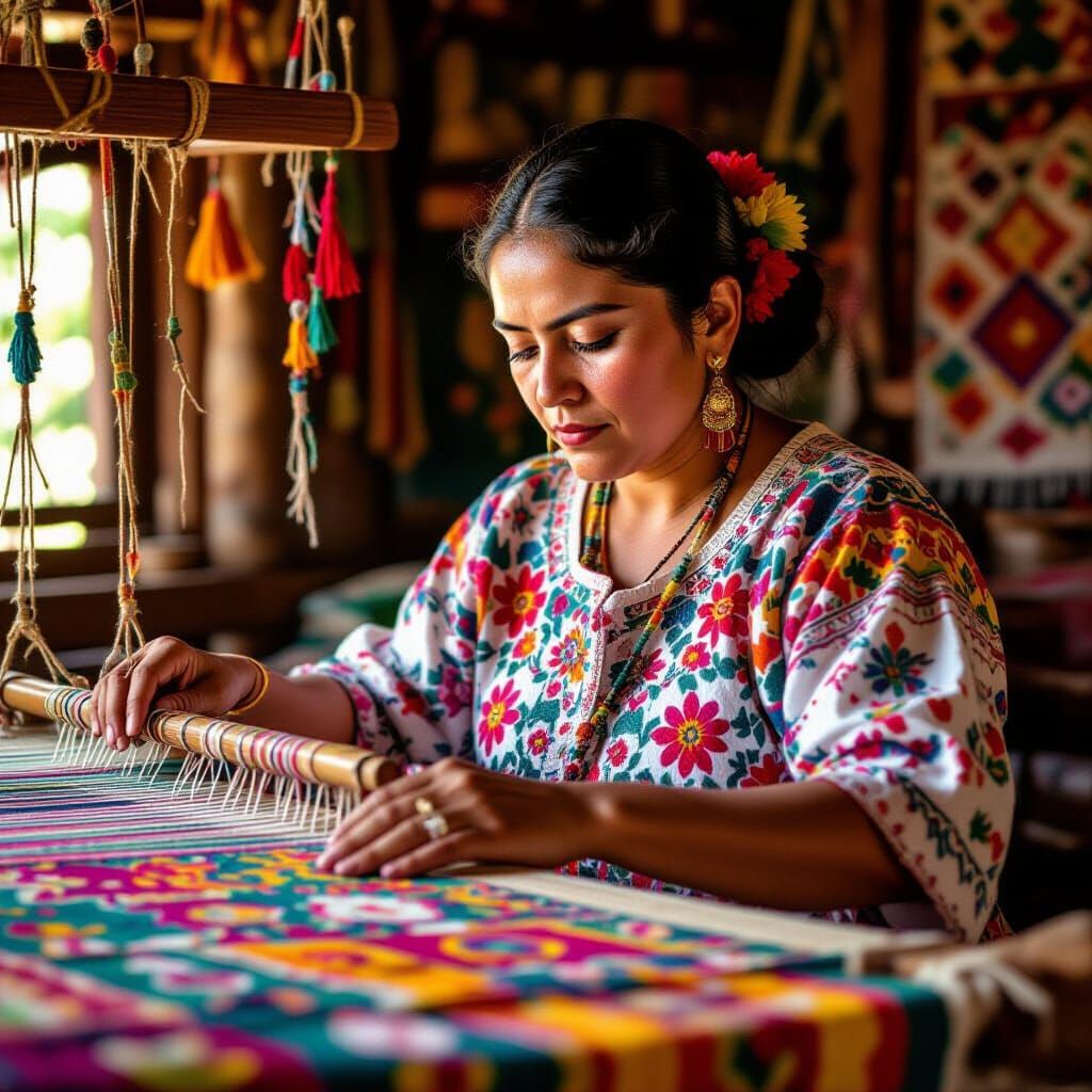 Woman Weaving Vibrant Mexican Fabric in Folk Art Style