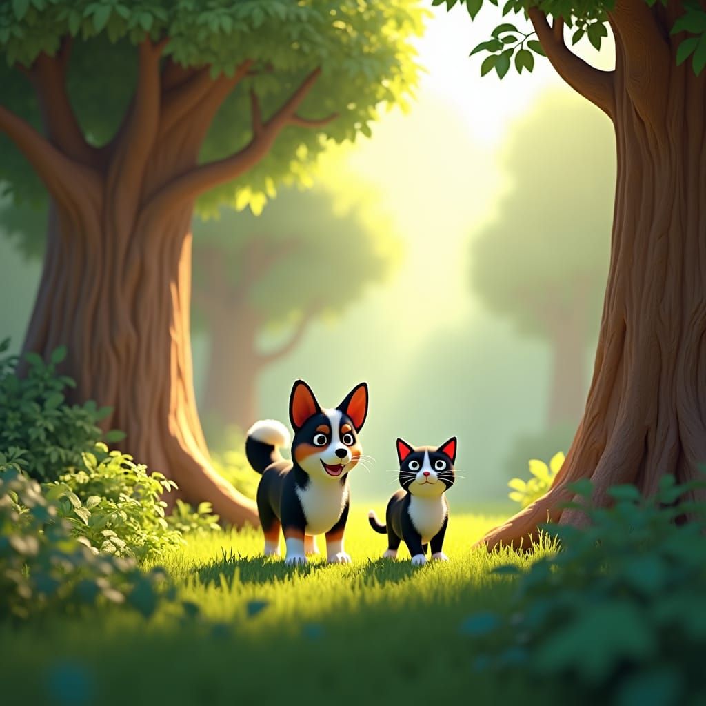 Corgi and Cat Stroll in Enchanted Forest