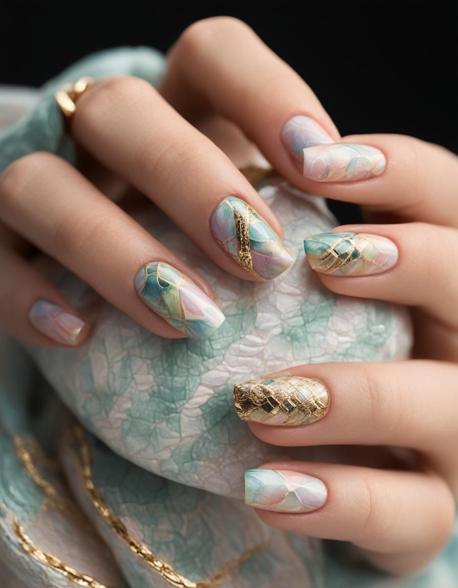 Impressionist Nail Art with Snake Pattern and Gold