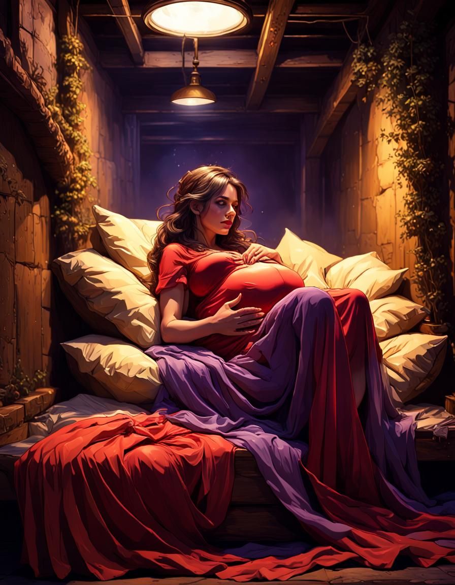 Pregnant Woman in Red Dress, Dark Fantasy Art