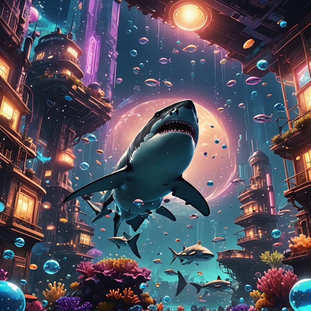 Vibrant Sci-Fi Shark Interacting with Undersea City