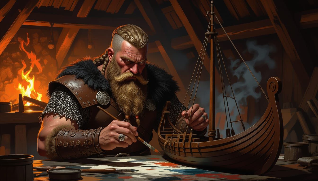 Viking Artist Paints Longship Model in Firelight