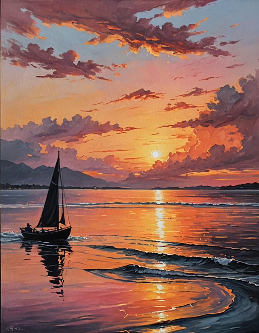 Vibrant Sunset Silhouette: An Oil Painting