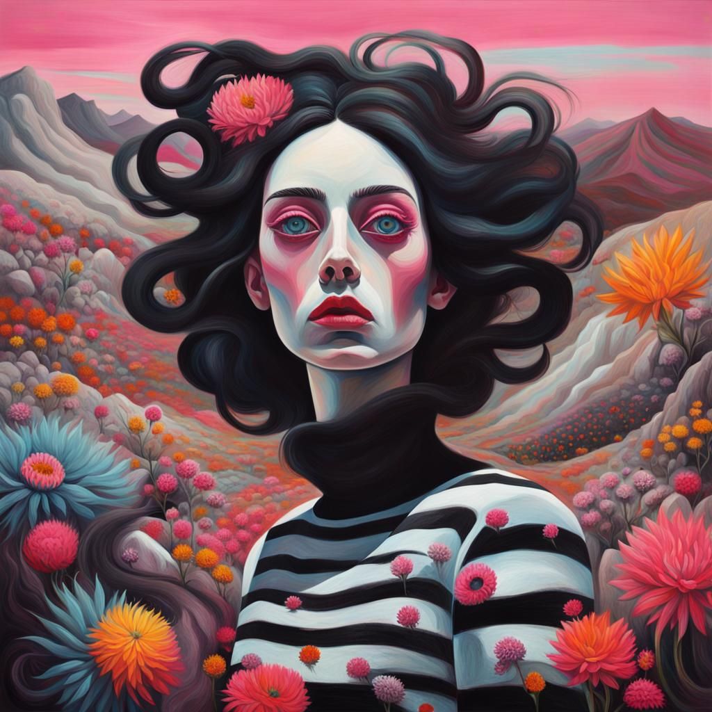 Surreal Woman in Fluorescent Dreamscape as Oil Painting