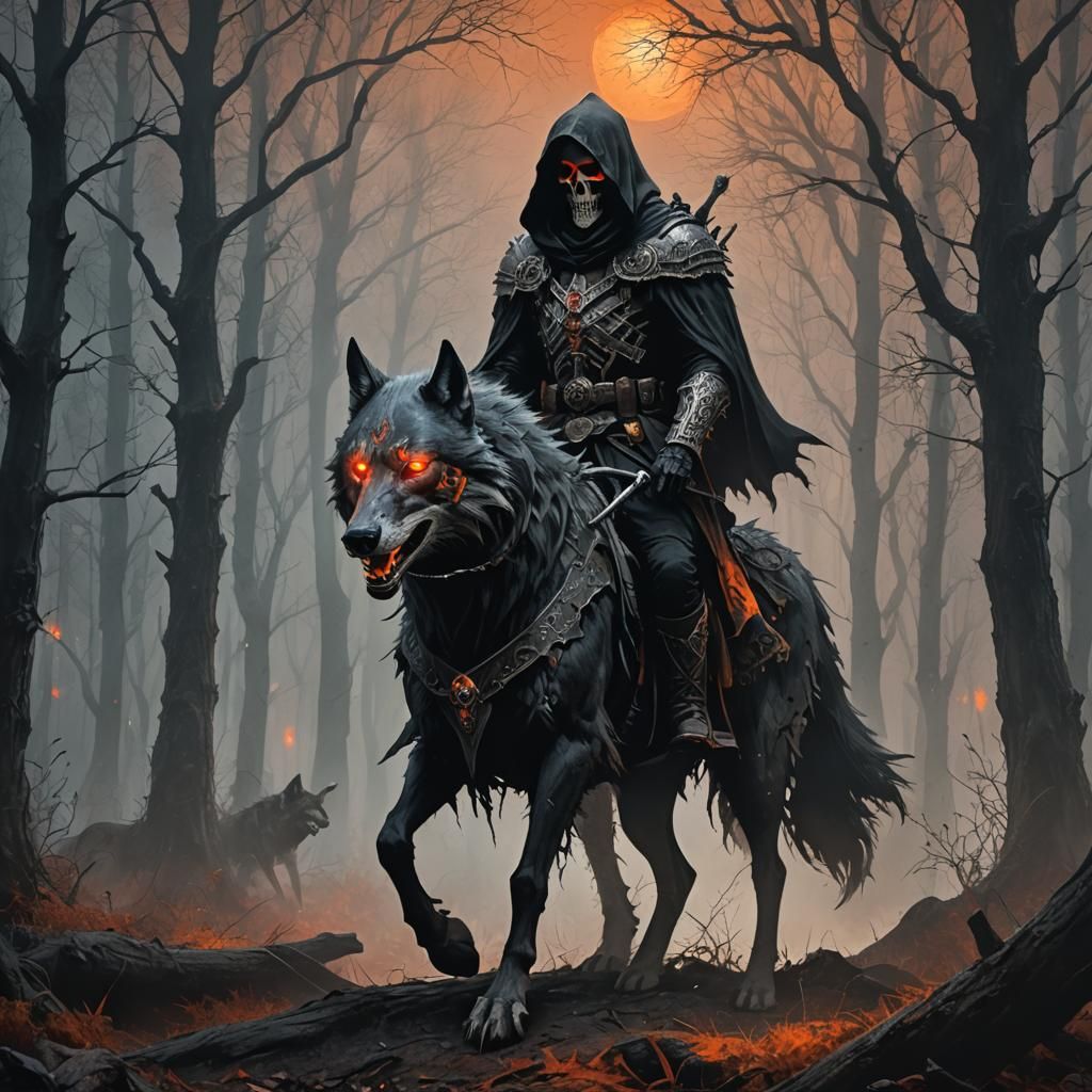 Reaper on Wolf in Misty Forest, Dark Fantasy Art